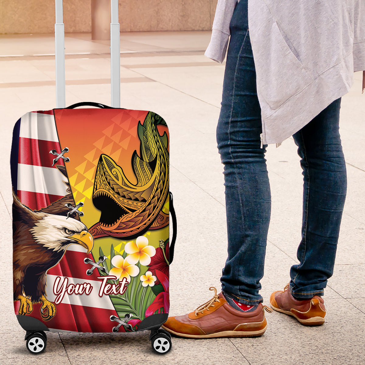 Personalised United States And Hawaii Luggage Cover USA Eagle With Hawaiian Shark Tattoo - Wonder Print Shop
