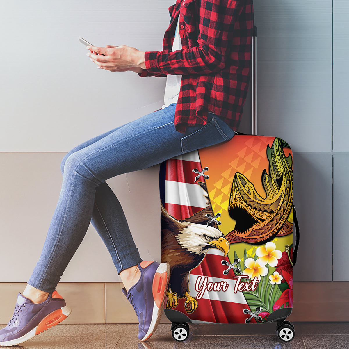 Personalised United States And Hawaii Luggage Cover USA Eagle With Hawaiian Shark Tattoo - Wonder Print Shop