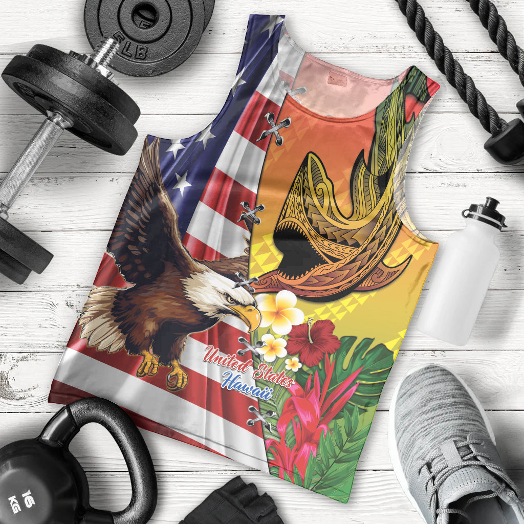 Personalised United States And Hawaii Men Tank Top USA Eagle With Hawaiian Shark Tattoo - Wonder Print Shop