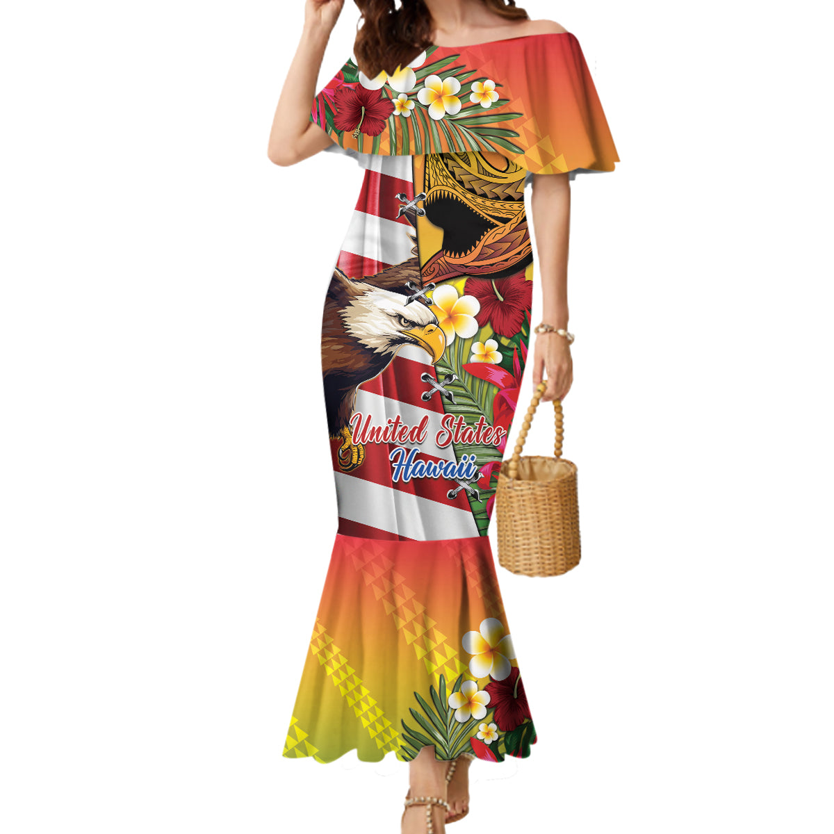 Personalised United States And Hawaii Mermaid Dress USA Eagle With Hawaiian Shark Tattoo - Wonder Print Shop
