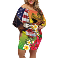 Personalised United States And Hawaii Off Shoulder Short Dress USA Eagle With Hawaiian Shark Tattoo - Wonder Print Shop
