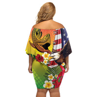Personalised United States And Hawaii Off Shoulder Short Dress USA Eagle With Hawaiian Shark Tattoo - Wonder Print Shop
