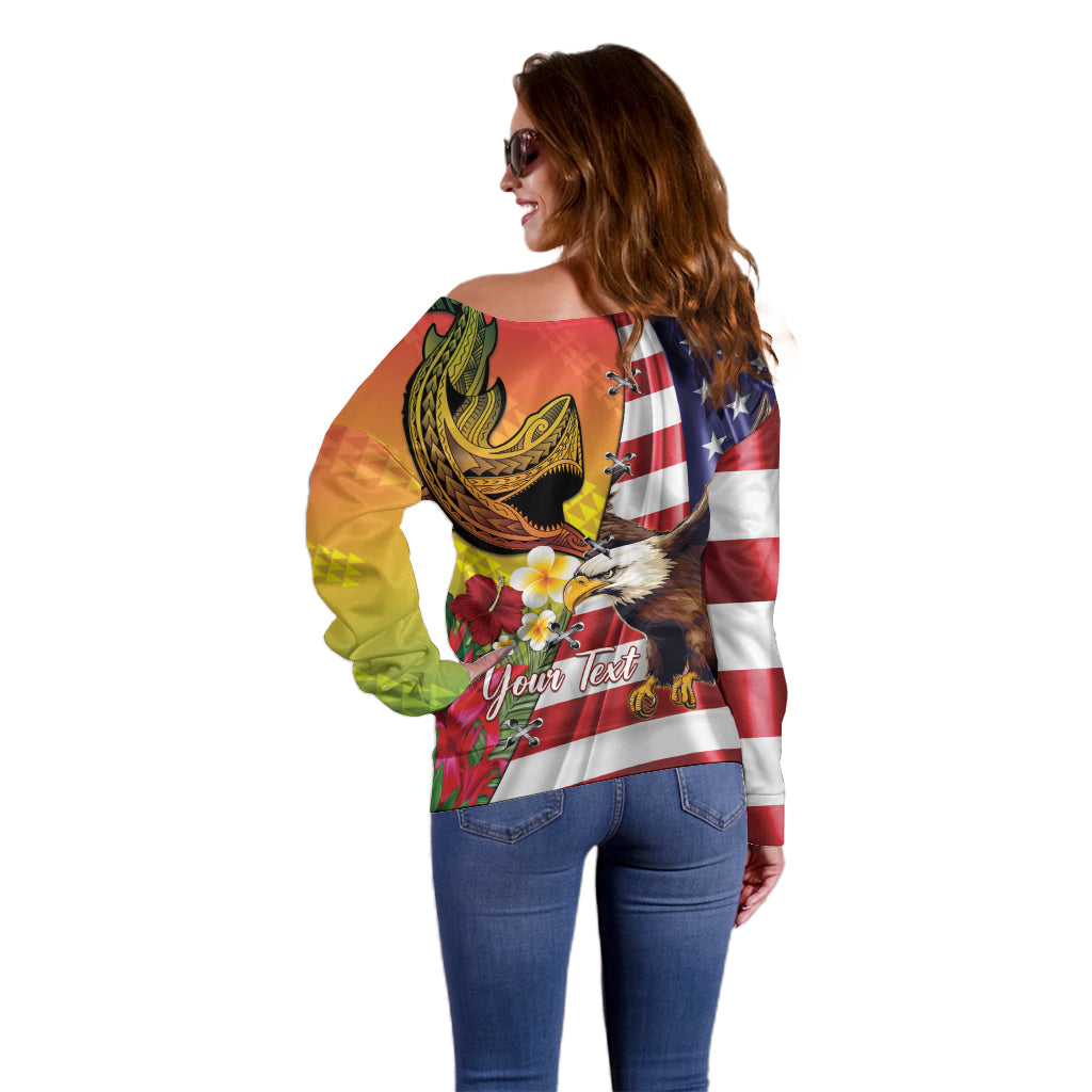 Personalised United States And Hawaii Off Shoulder Sweater USA Eagle With Hawaiian Shark Tattoo - Wonder Print Shop