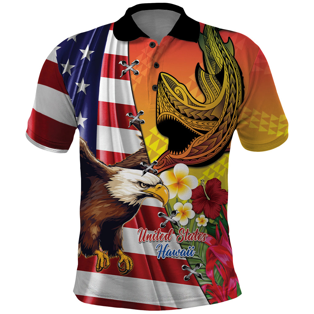 Personalised United States And Hawaii Polo Shirt USA Eagle With Hawaiian Shark Tattoo - Wonder Print Shop