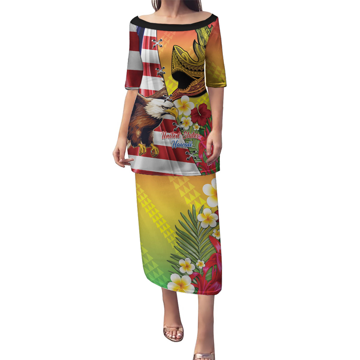 Personalised United States And Hawaii Puletasi USA Eagle With Hawaiian Shark Tattoo - Wonder Print Shop