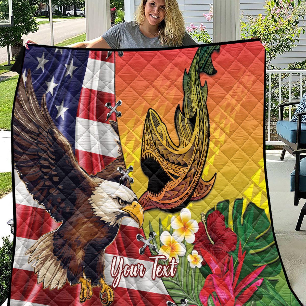 Personalised United States And Hawaii Quilt USA Eagle With Hawaiian Shark Tattoo - Wonder Print Shop