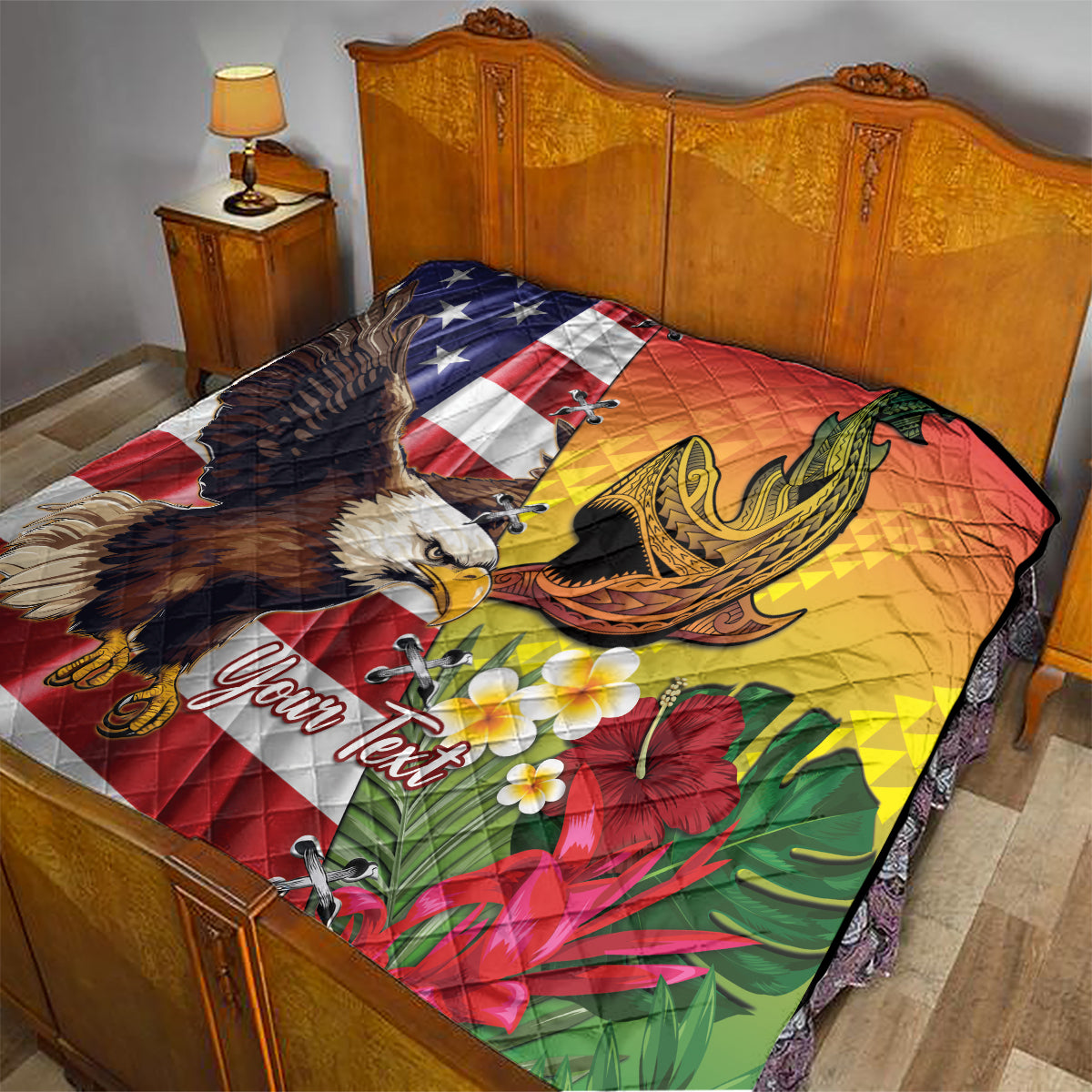 Personalised United States And Hawaii Quilt USA Eagle With Hawaiian Shark Tattoo - Wonder Print Shop