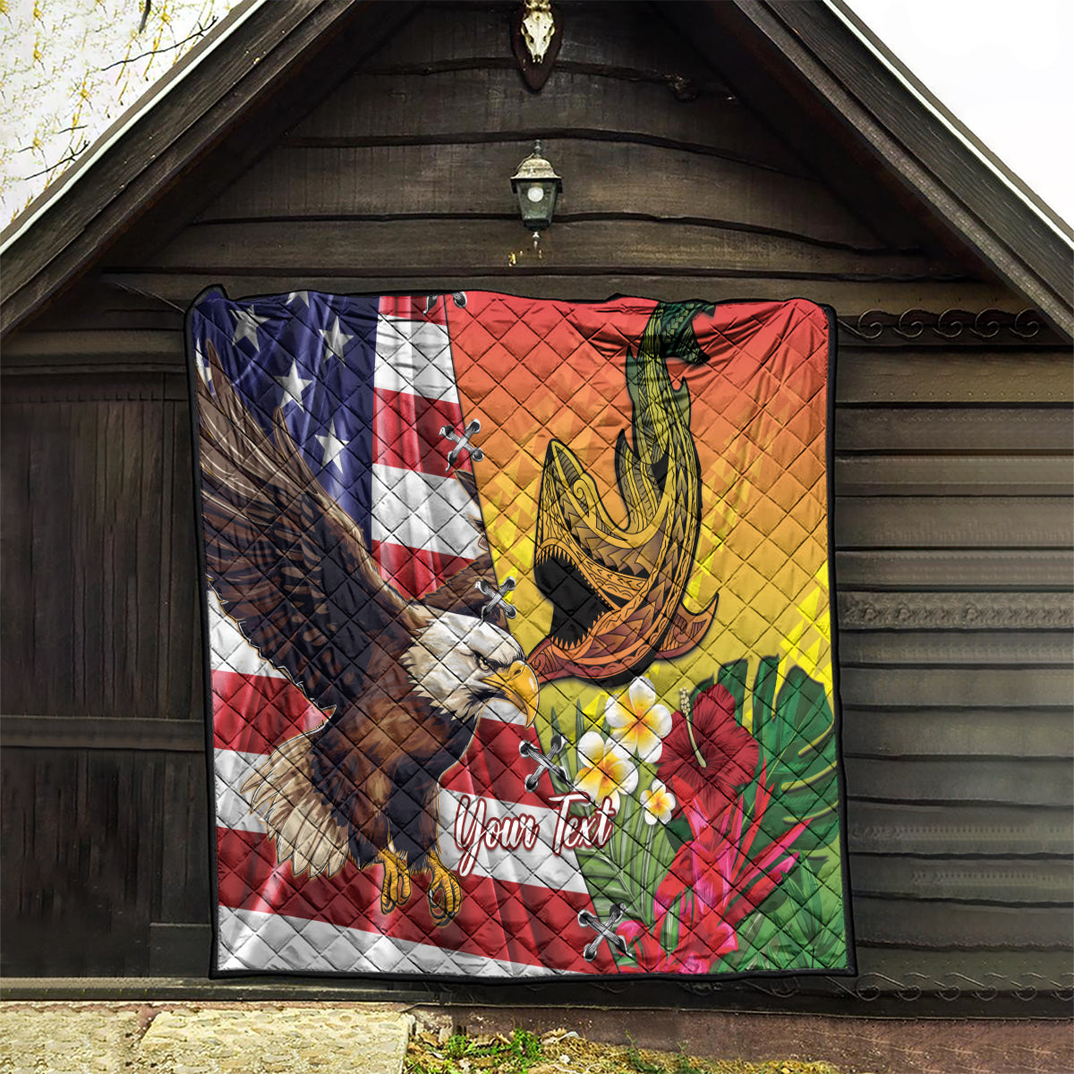 Personalised United States And Hawaii Quilt USA Eagle With Hawaiian Shark Tattoo - Wonder Print Shop