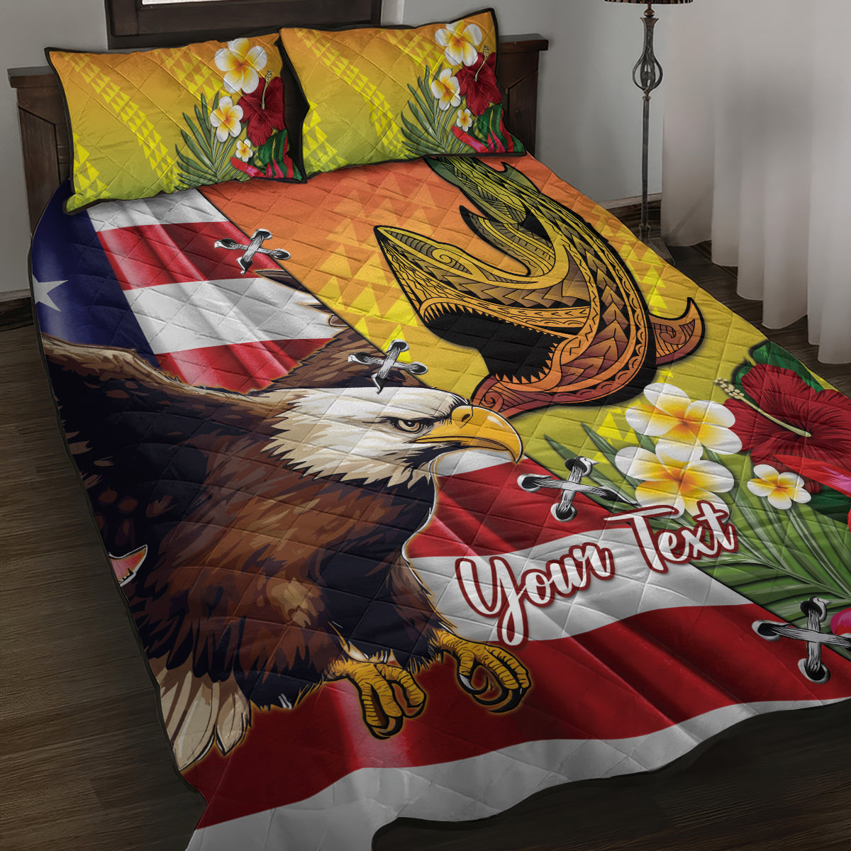 Personalised United States And Hawaii Quilt Bed Set USA Eagle With Hawaiian Shark Tattoo - Wonder Print Shop