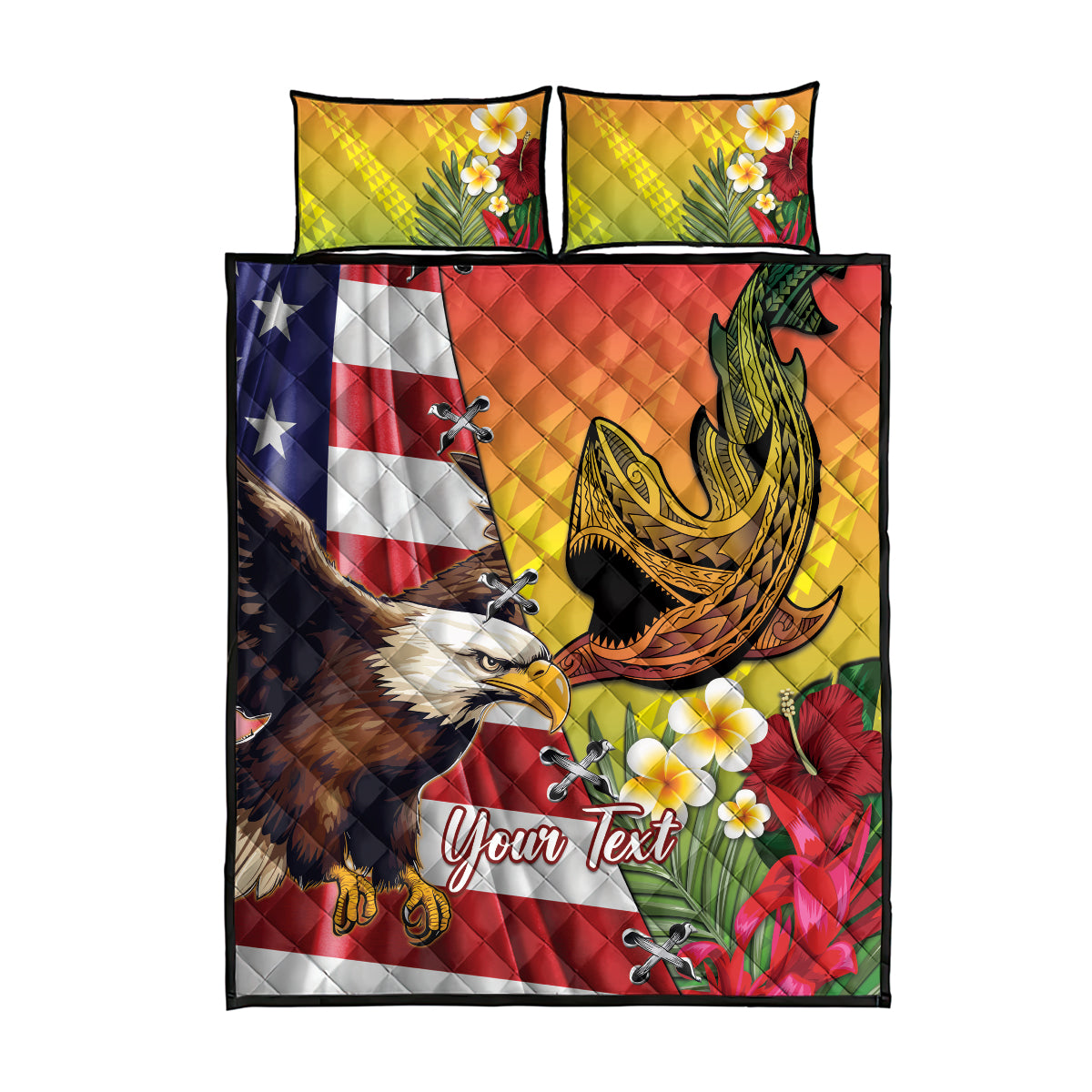 Personalised United States And Hawaii Quilt Bed Set USA Eagle With Hawaiian Shark Tattoo - Wonder Print Shop