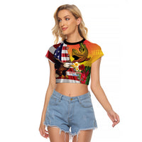 Personalised United States And Hawaii Raglan Cropped T Shirt USA Eagle With Hawaiian Shark Tattoo - Wonder Print Shop