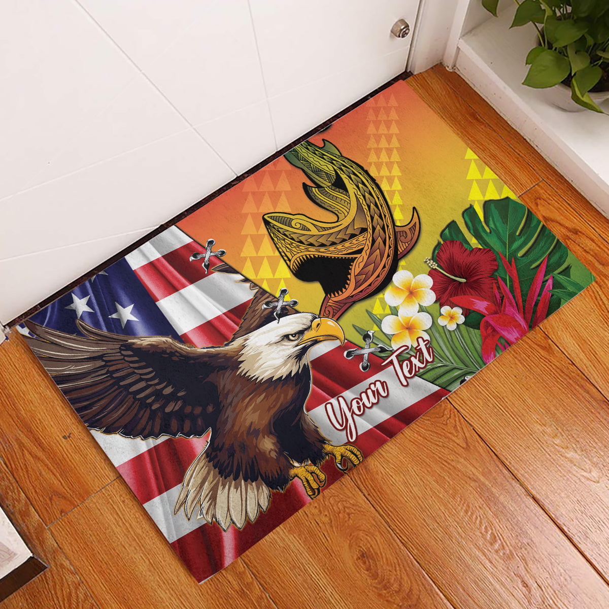 Personalised United States And Hawaii Rubber Doormat USA Eagle With Hawaiian Shark Tattoo - Wonder Print Shop