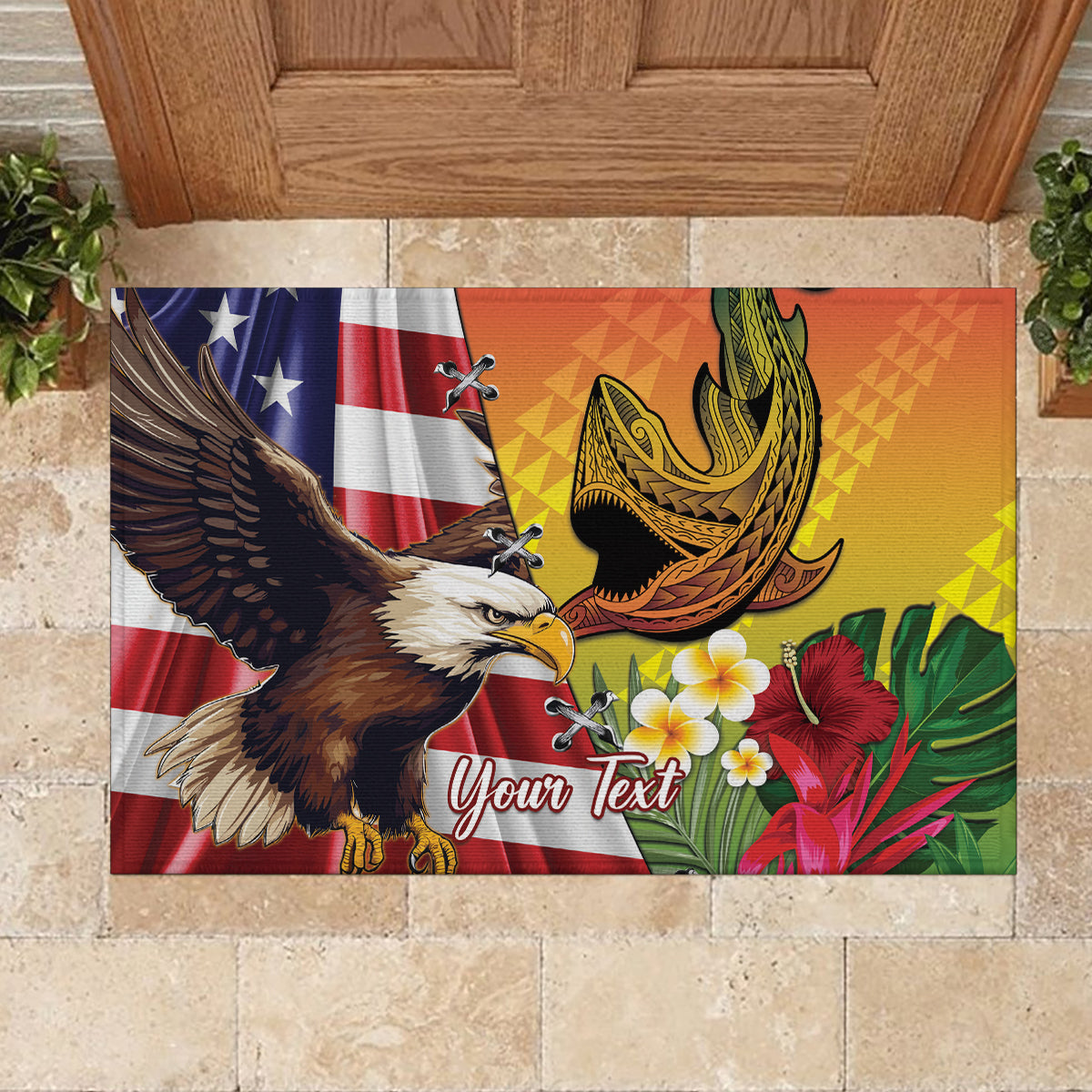 Personalised United States And Hawaii Rubber Doormat USA Eagle With Hawaiian Shark Tattoo - Wonder Print Shop