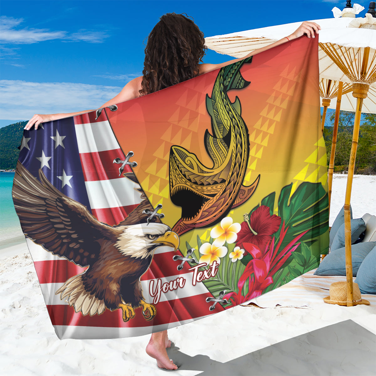 Personalised United States And Hawaii Sarong USA Eagle With Hawaiian Shark Tattoo