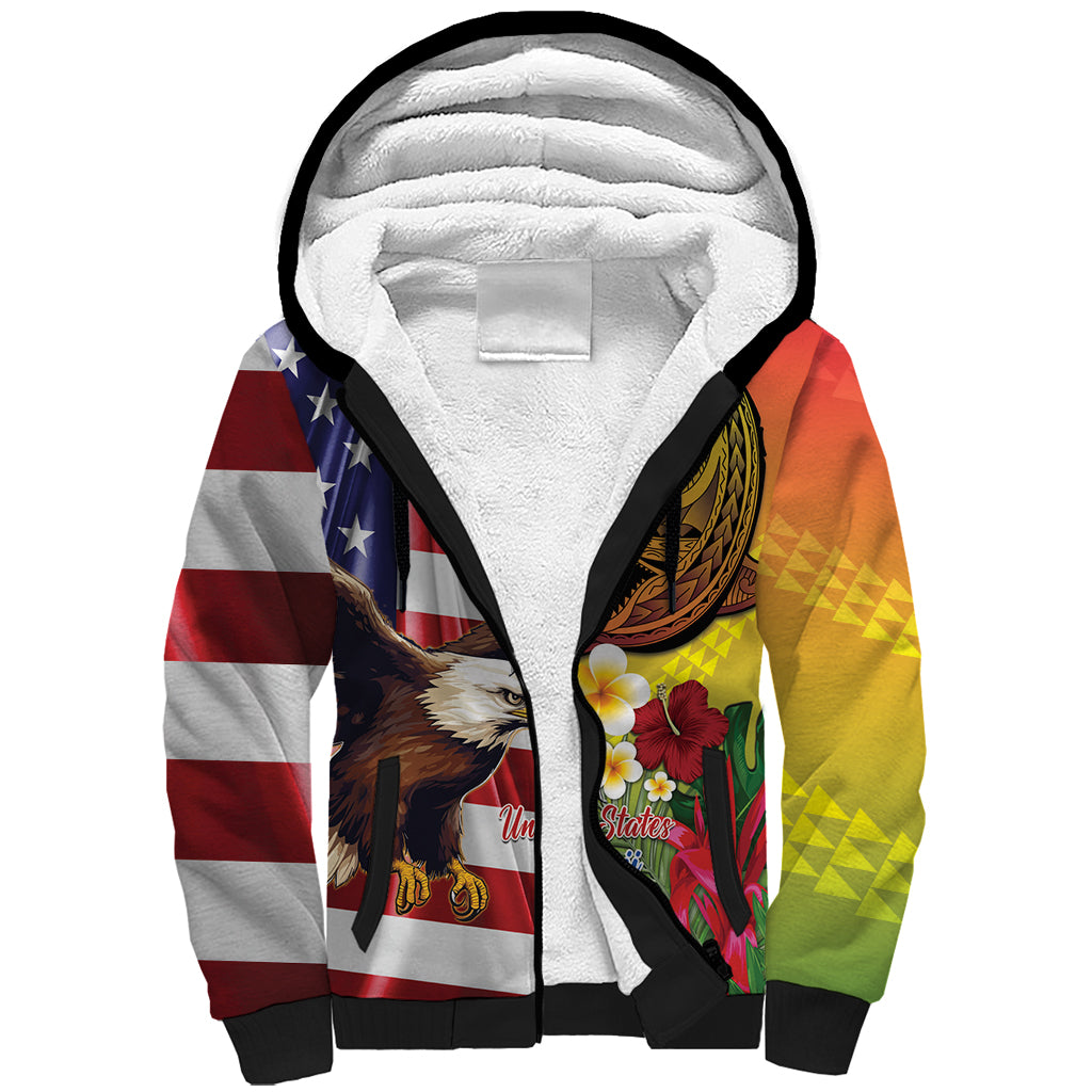 Personalised United States And Hawaii Sherpa Hoodie USA Eagle With Hawaiian Shark Tattoo - Wonder Print Shop