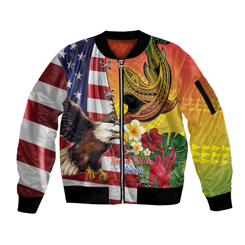 Personalised United States And Hawaii Sleeve Zip Bomber Jacket USA Eagle With Hawaiian Shark Tattoo - Wonder Print Shop