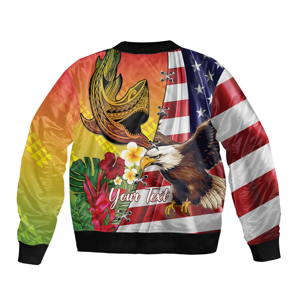 Personalised United States And Hawaii Sleeve Zip Bomber Jacket USA Eagle With Hawaiian Shark Tattoo - Wonder Print Shop