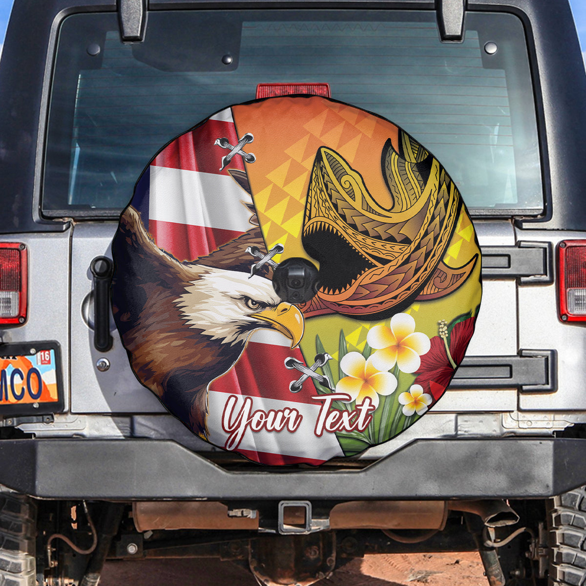 Personalised United States And Hawaii Spare Tire Cover USA Eagle With Hawaiian Shark Tattoo - Wonder Print Shop
