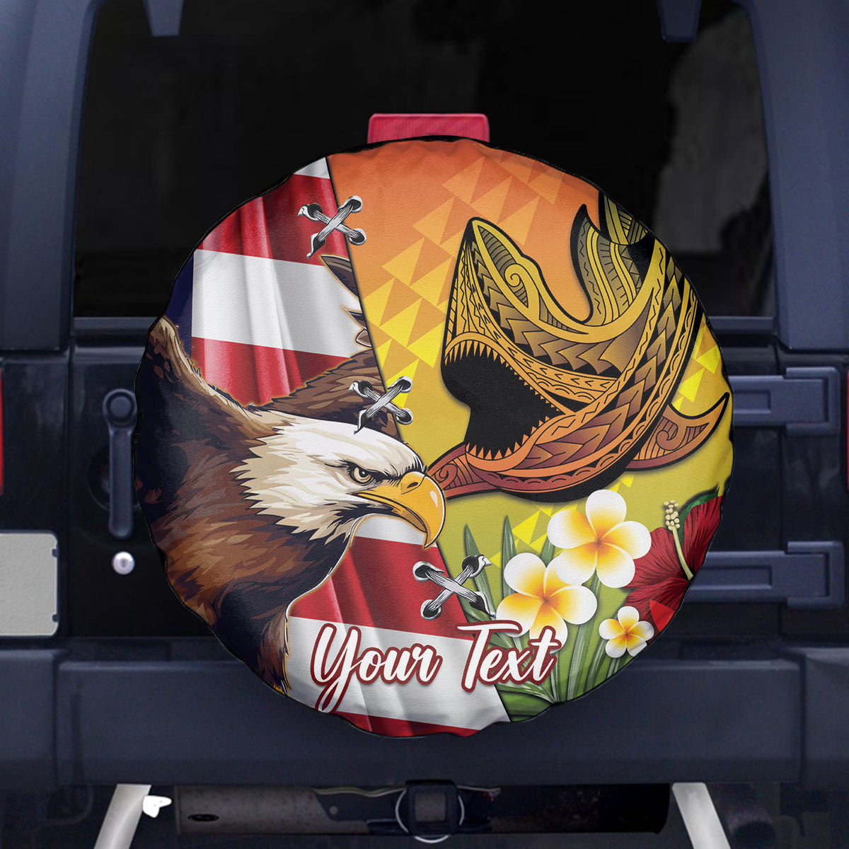 Personalised United States And Hawaii Spare Tire Cover USA Eagle With Hawaiian Shark Tattoo - Wonder Print Shop