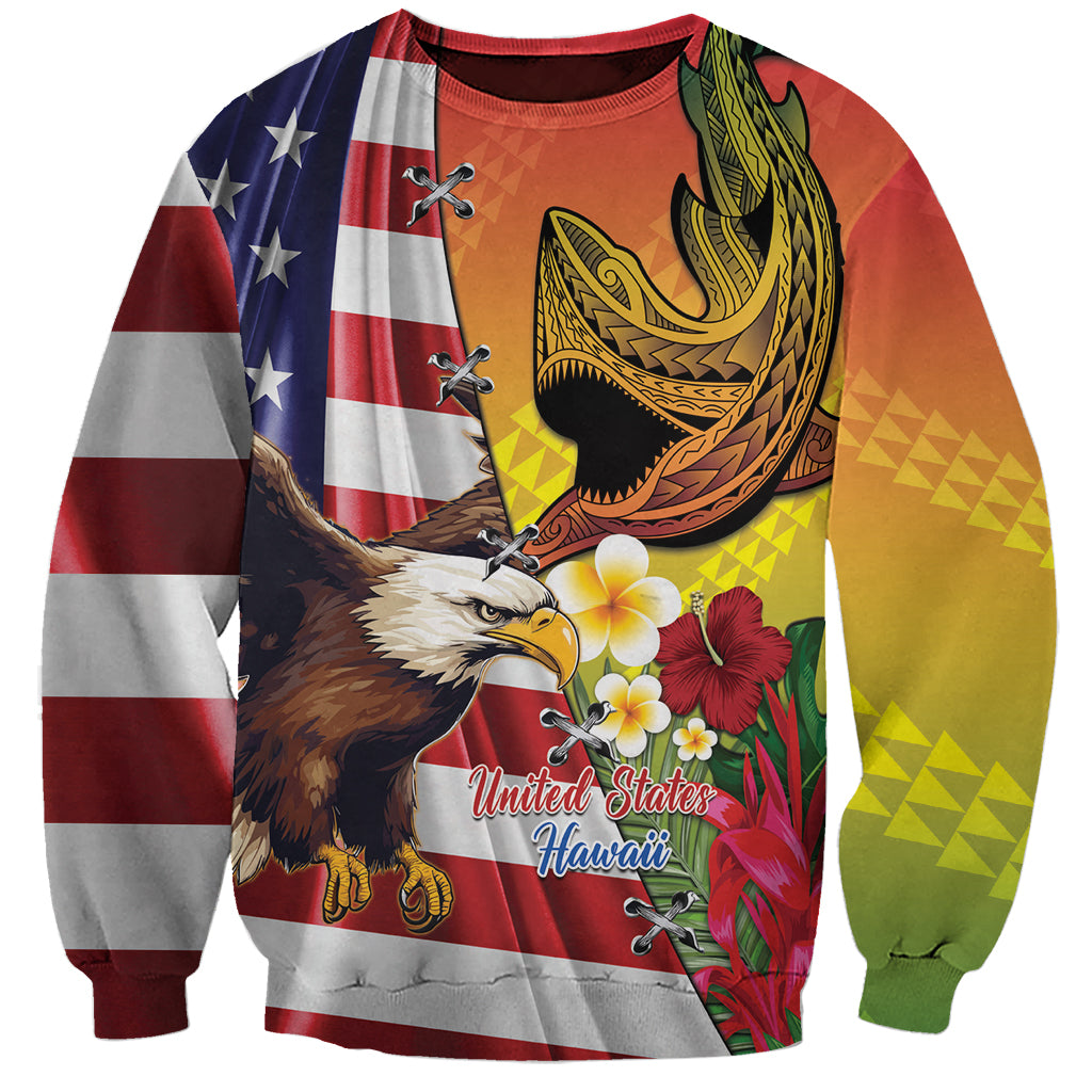 Personalised United States And Hawaii Sweatshirt USA Eagle With Hawaiian Shark Tattoo - Wonder Print Shop
