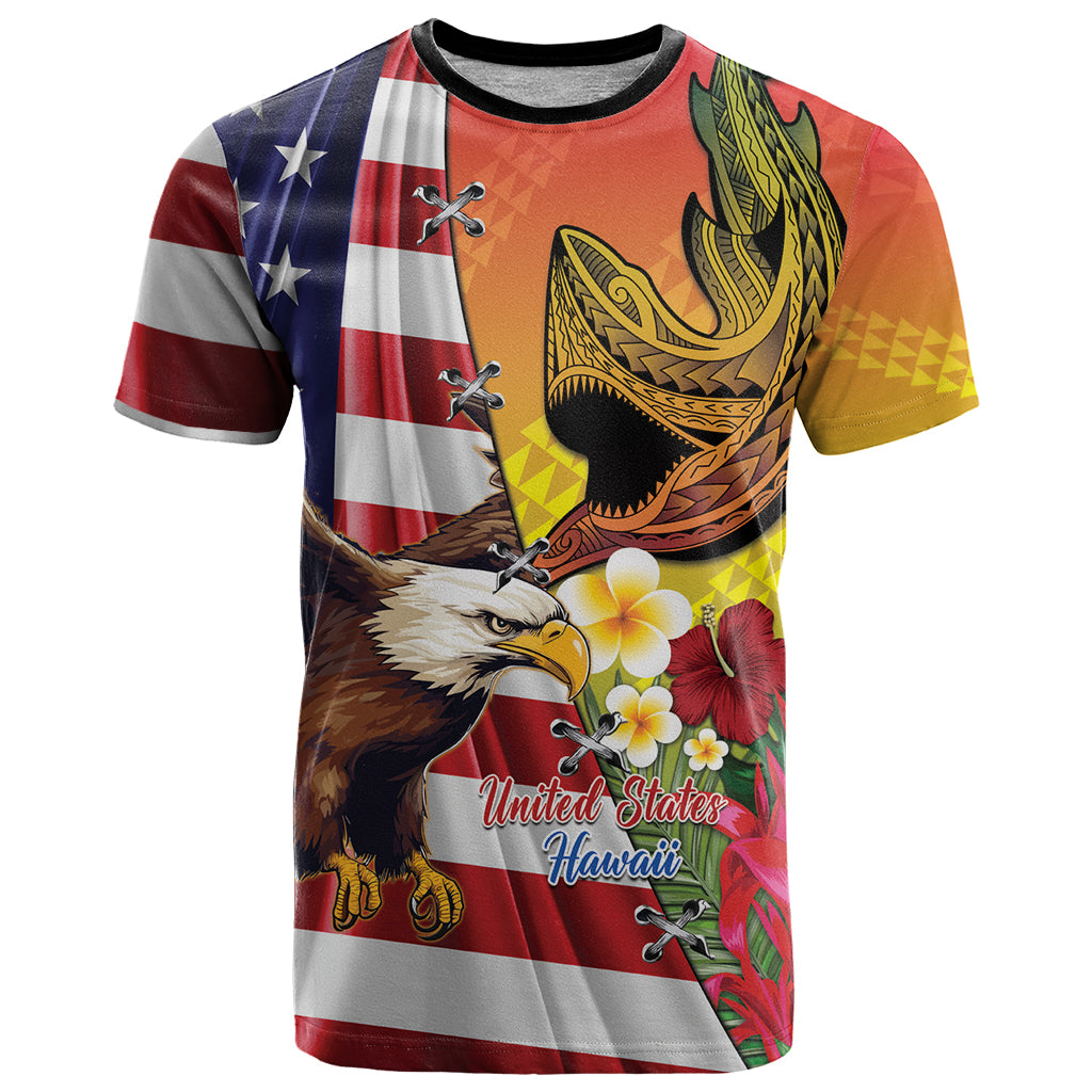 Personalised United States And Hawaii T Shirt USA Eagle With Hawaiian Shark Tattoo - Wonder Print Shop