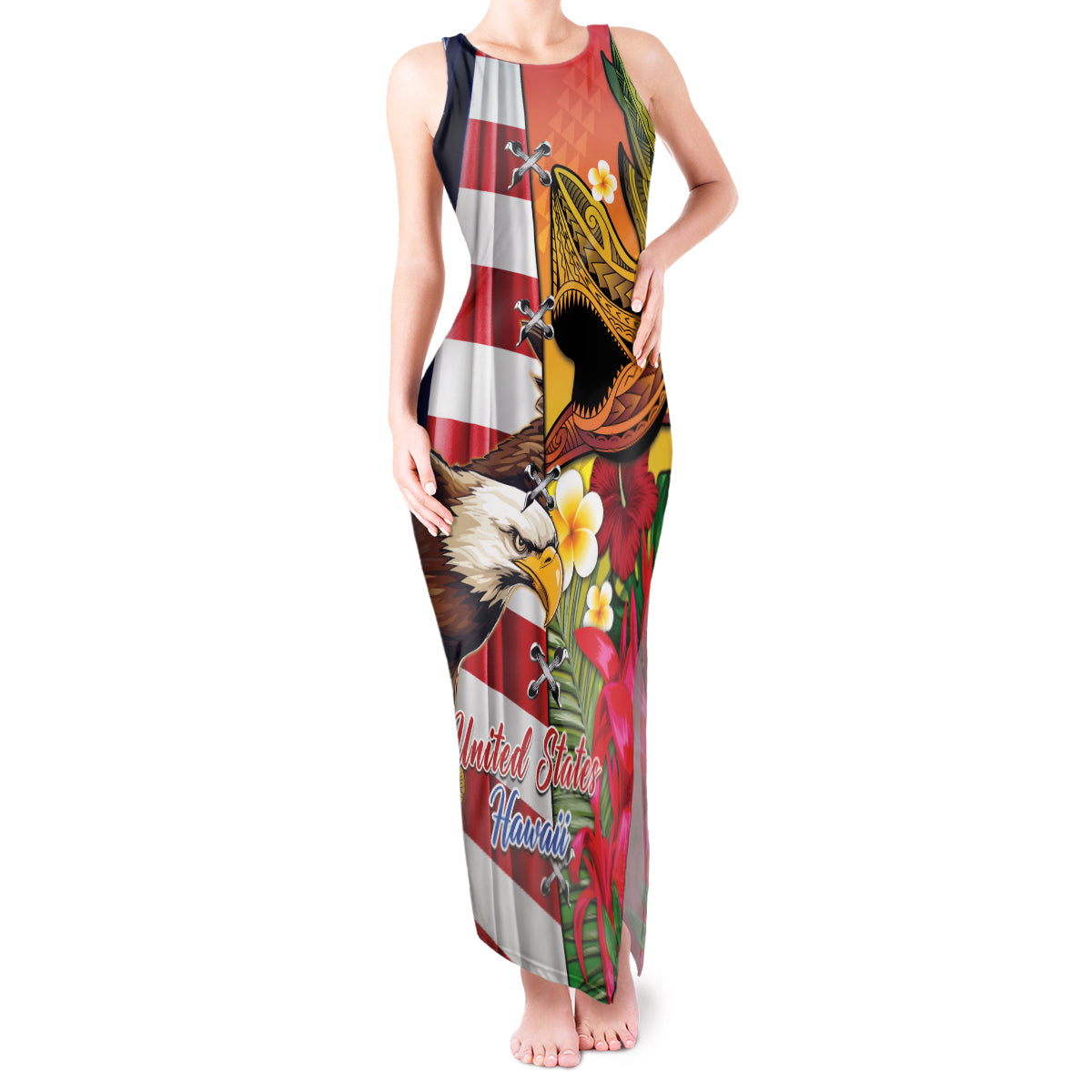 Personalised United States And Hawaii Tank Maxi Dress USA Eagle With Hawaiian Shark Tattoo - Wonder Print Shop