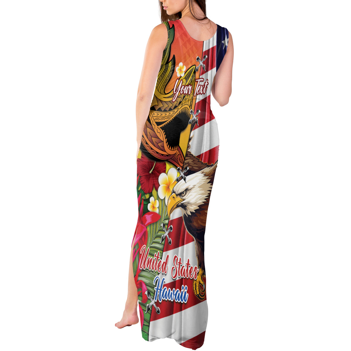 Personalised United States And Hawaii Tank Maxi Dress USA Eagle With Hawaiian Shark Tattoo - Wonder Print Shop