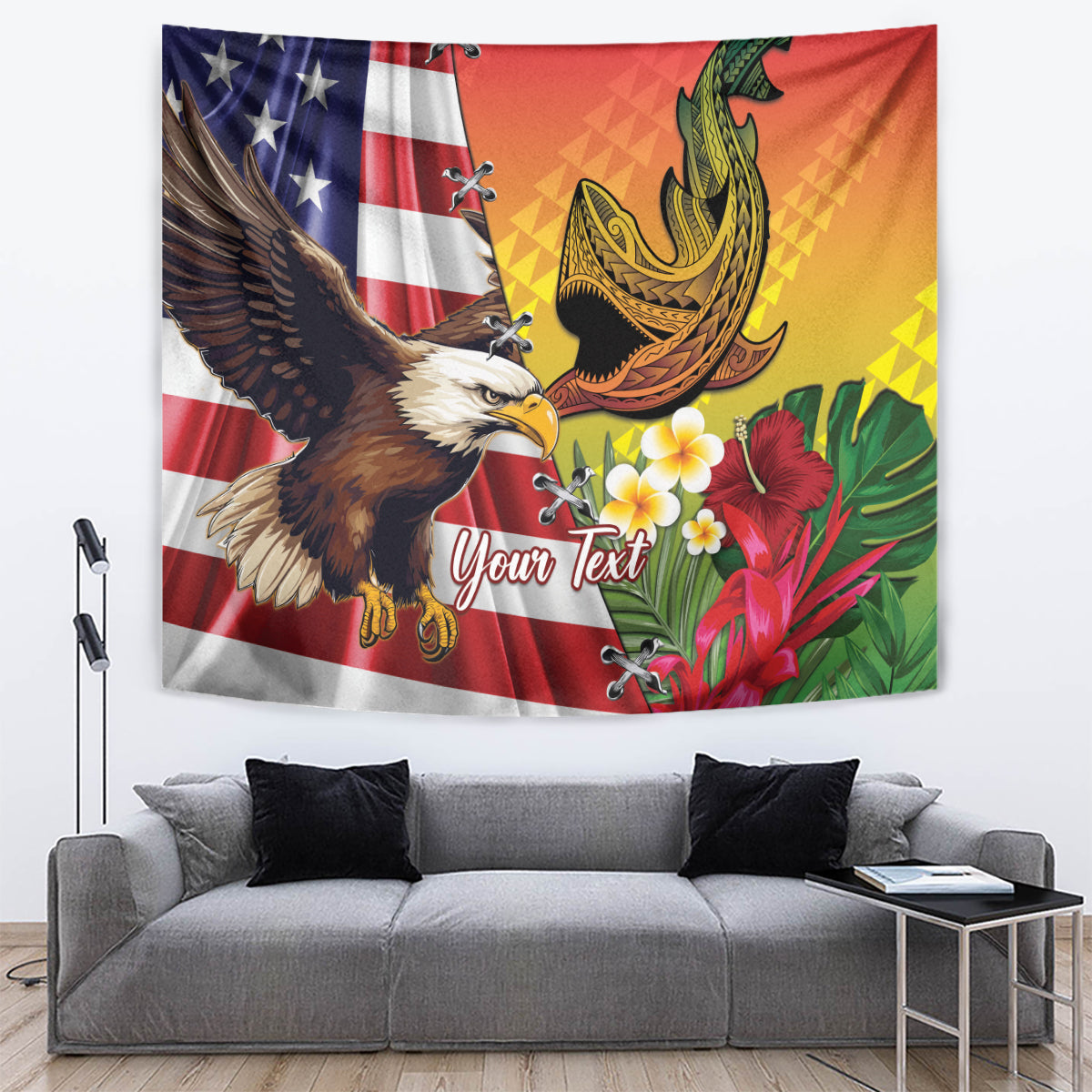 Personalised United States And Hawaii Tapestry USA Eagle With Hawaiian Shark Tattoo - Wonder Print Shop