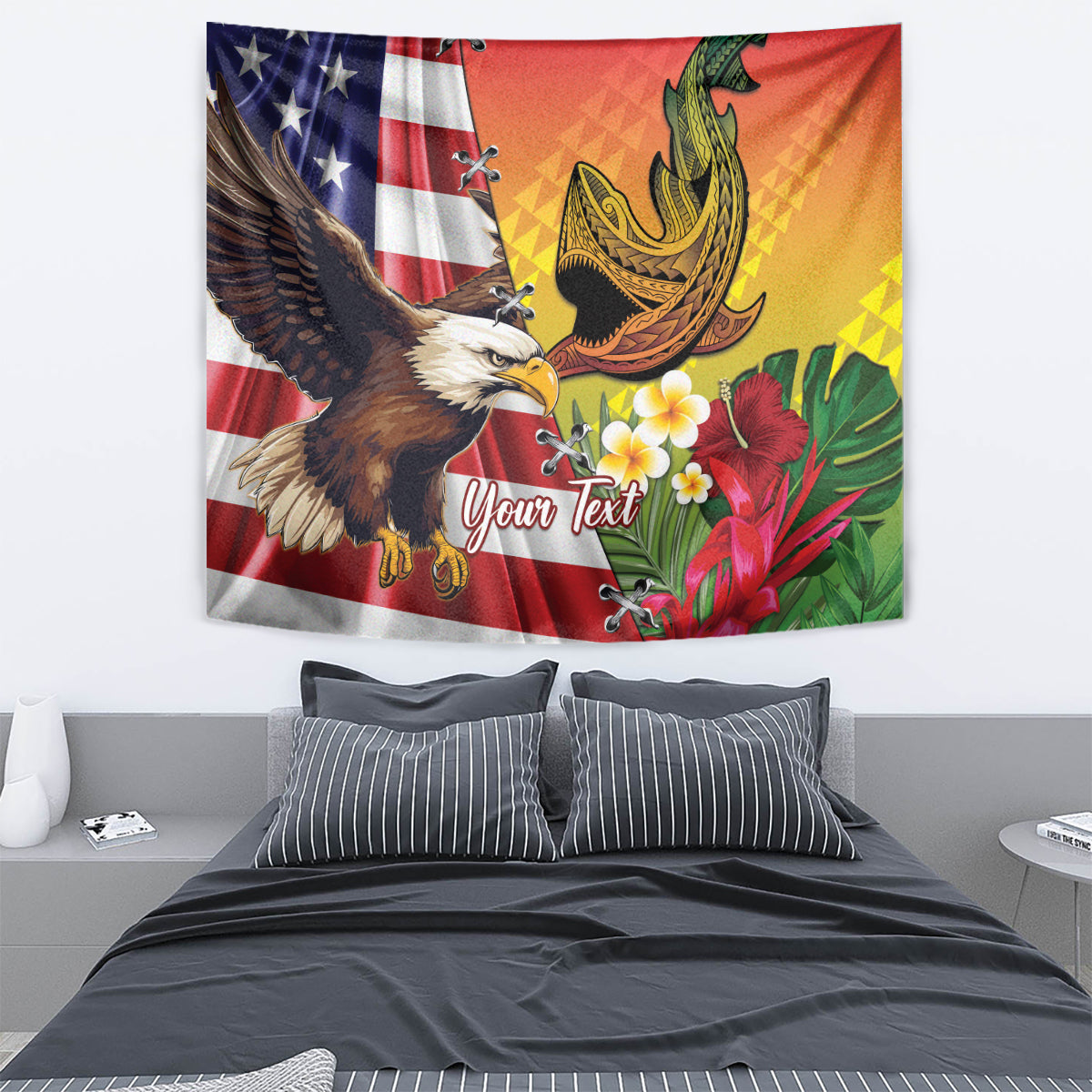 Personalised United States And Hawaii Tapestry USA Eagle With Hawaiian Shark Tattoo - Wonder Print Shop