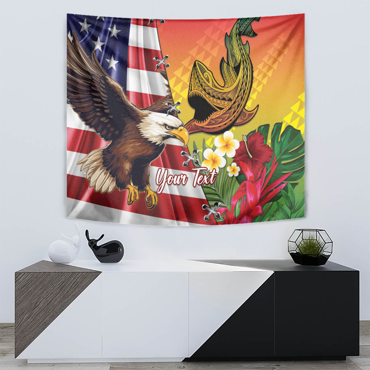 Personalised United States And Hawaii Tapestry USA Eagle With Hawaiian Shark Tattoo - Wonder Print Shop