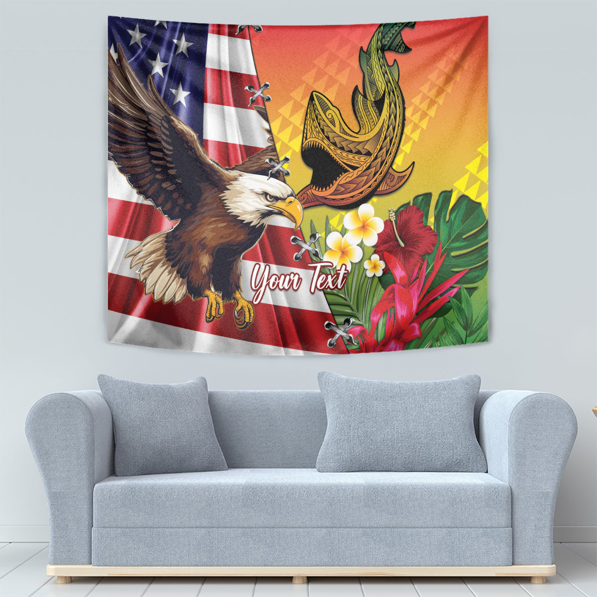 Personalised United States And Hawaii Tapestry USA Eagle With Hawaiian Shark Tattoo - Wonder Print Shop