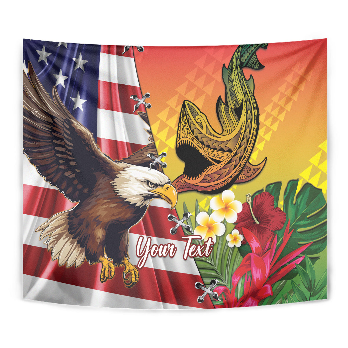 Personalised United States And Hawaii Tapestry USA Eagle With Hawaiian Shark Tattoo - Wonder Print Shop