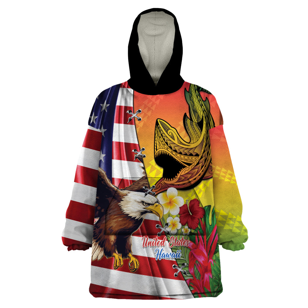Personalised United States And Hawaii Wearable Blanket Hoodie USA Eagle With Hawaiian Shark Tattoo - Wonder Print Shop