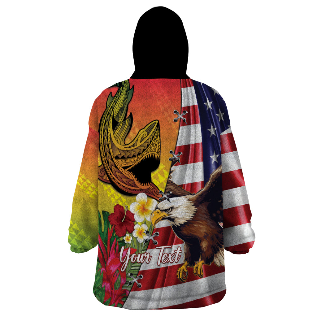 Personalised United States And Hawaii Wearable Blanket Hoodie USA Eagle With Hawaiian Shark Tattoo - Wonder Print Shop