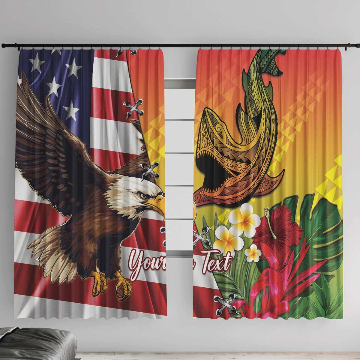 Personalised United States And Hawaii Window Curtain USA Eagle With Hawaiian Shark Tattoo - Wonder Print Shop