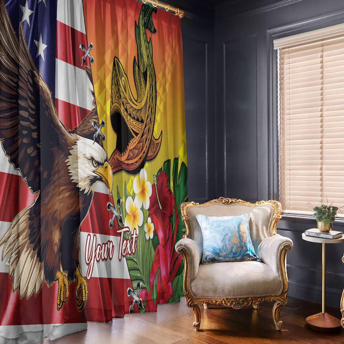 Personalised United States And Hawaii Window Curtain USA Eagle With Hawaiian Shark Tattoo - Wonder Print Shop