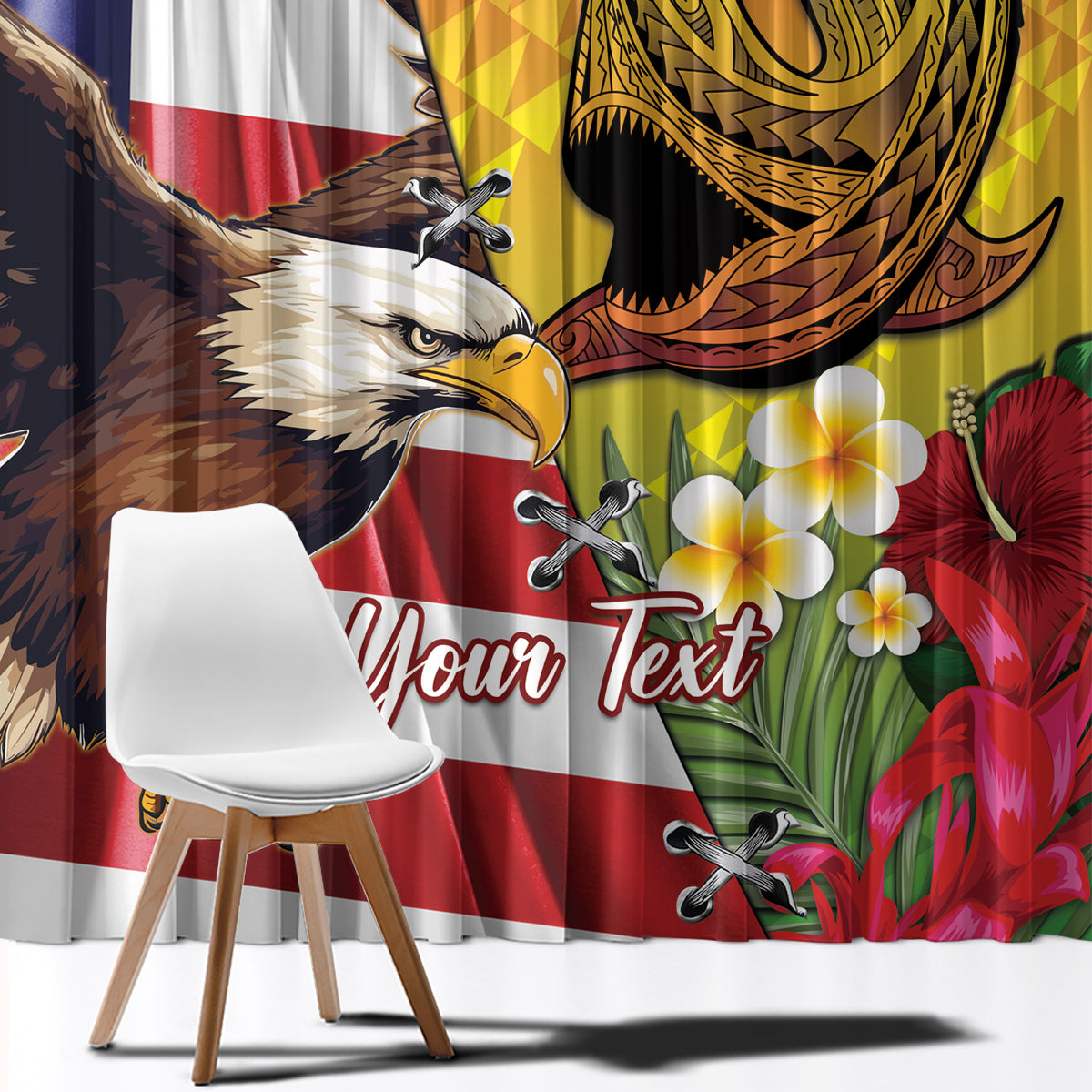 Personalised United States And Hawaii Window Curtain USA Eagle With Hawaiian Shark Tattoo - Wonder Print Shop