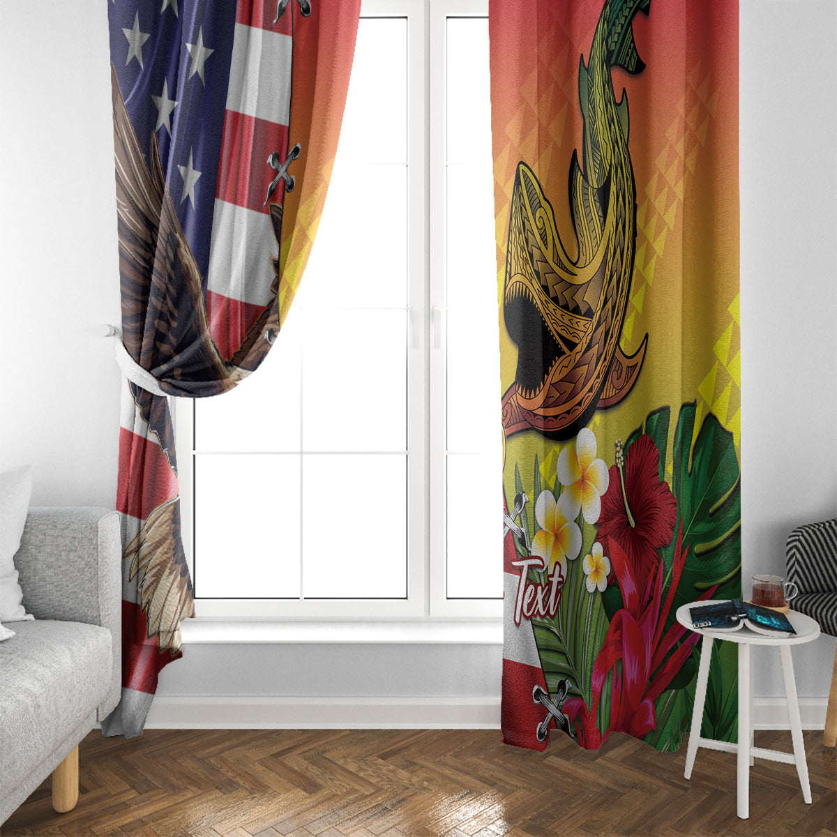 Personalised United States And Hawaii Window Curtain USA Eagle With Hawaiian Shark Tattoo - Wonder Print Shop