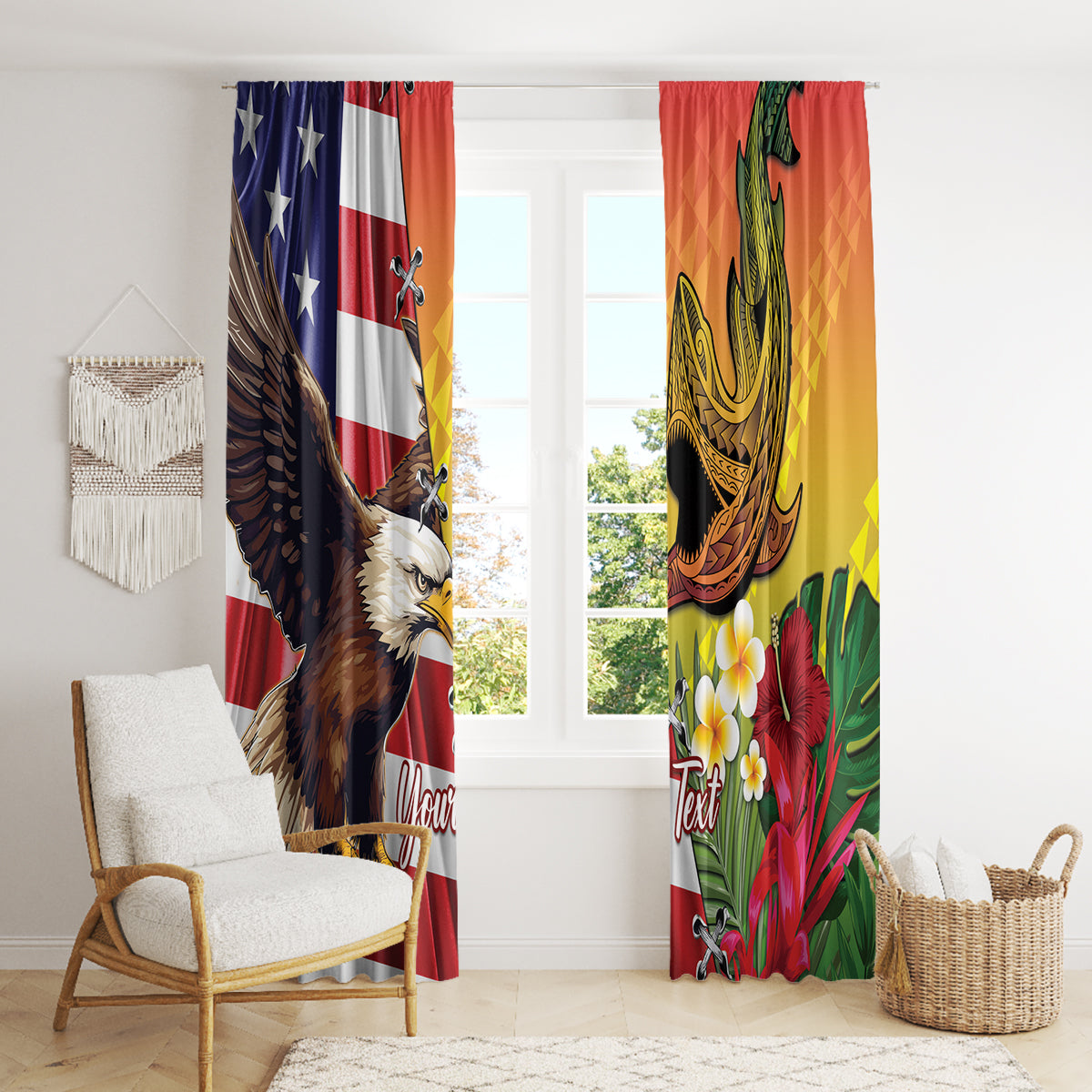 Personalised United States And Hawaii Window Curtain USA Eagle With Hawaiian Shark Tattoo - Wonder Print Shop