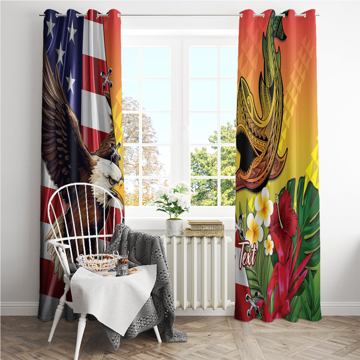 Personalised United States And Hawaii Window Curtain USA Eagle With Hawaiian Shark Tattoo - Wonder Print Shop