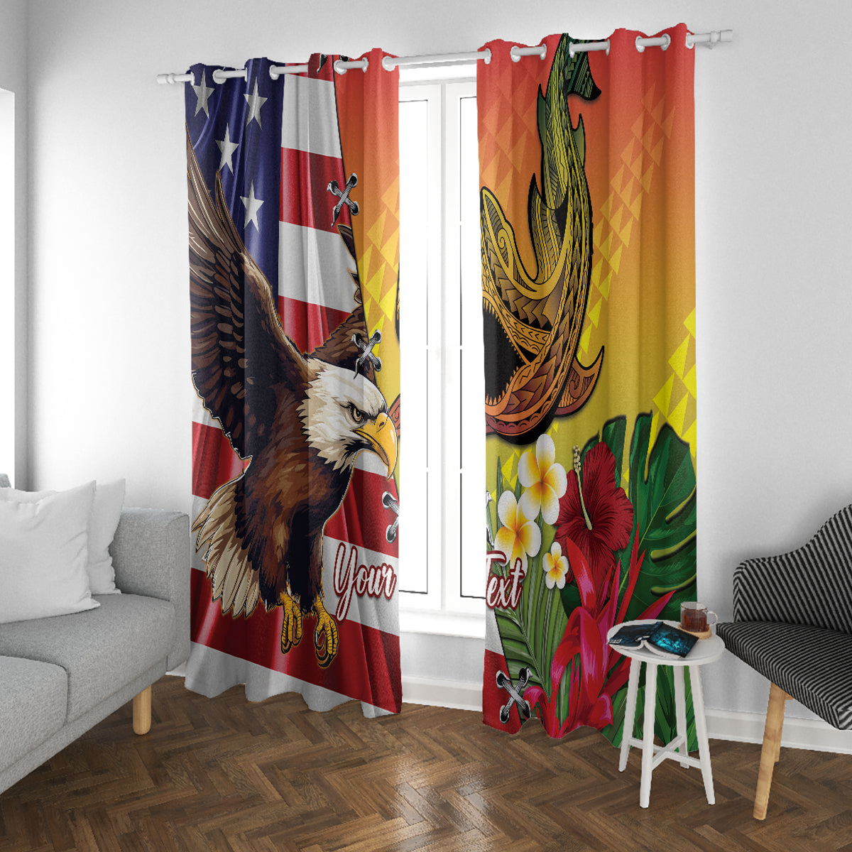 Personalised United States And Hawaii Window Curtain USA Eagle With Hawaiian Shark Tattoo - Wonder Print Shop