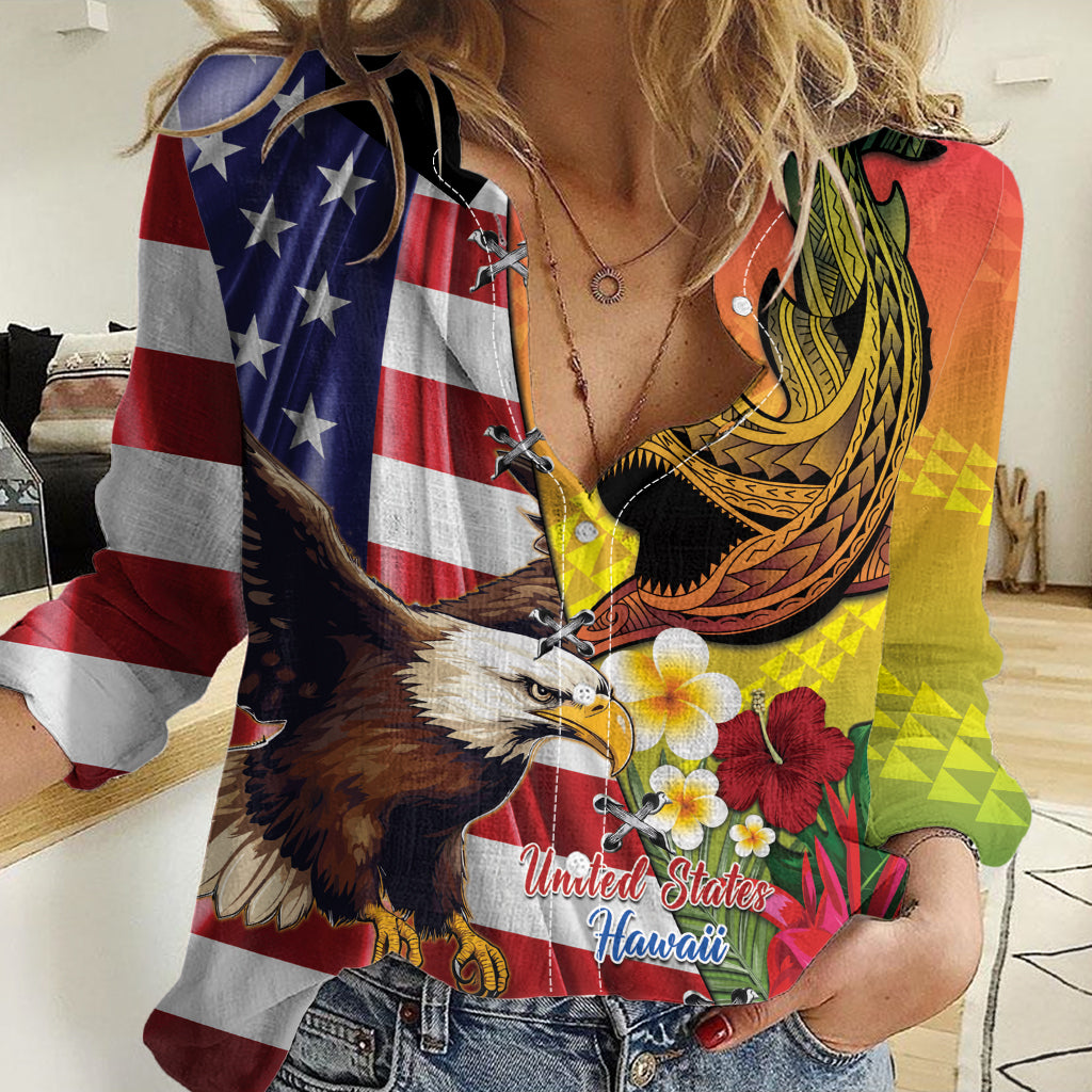 Personalised United States And Hawaii Women Casual Shirt USA Eagle With Hawaiian Shark Tattoo - Wonder Print Shop