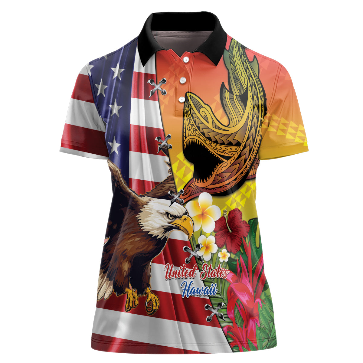 Personalised United States And Hawaii Women Polo Shirt USA Eagle With Hawaiian Shark Tattoo - Wonder Print Shop