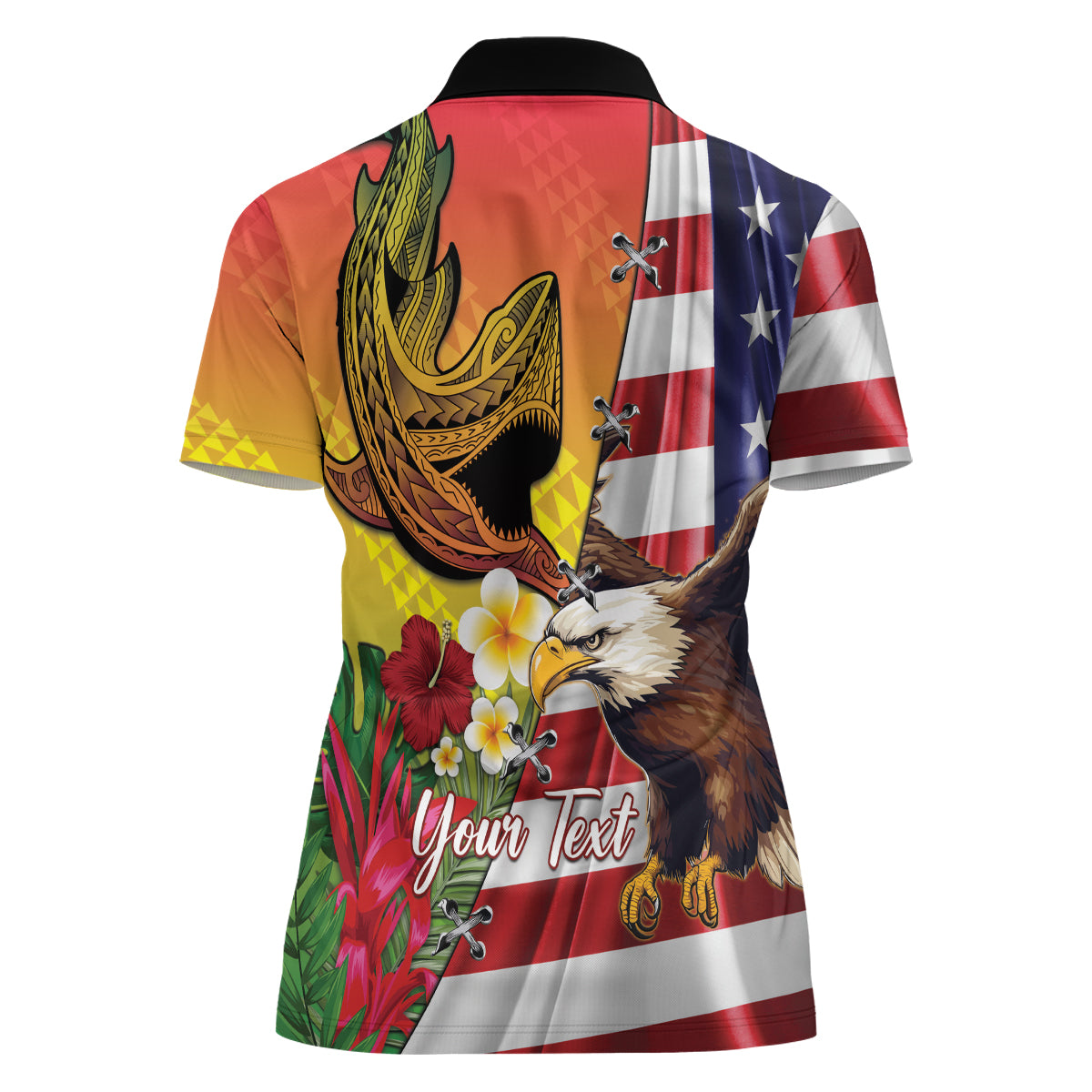 Personalised United States And Hawaii Women Polo Shirt USA Eagle With Hawaiian Shark Tattoo - Wonder Print Shop