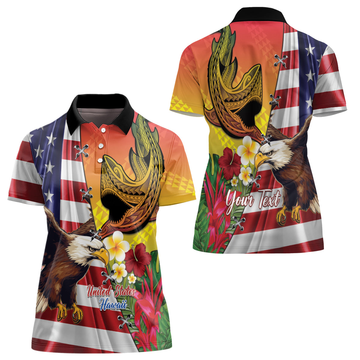 Personalised United States And Hawaii Women Polo Shirt USA Eagle With Hawaiian Shark Tattoo - Wonder Print Shop