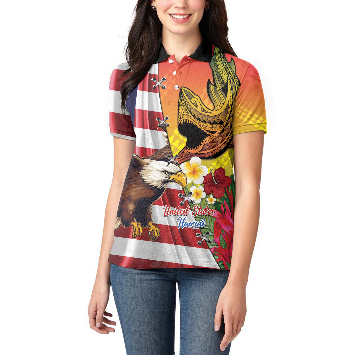 Personalised United States And Hawaii Women Polo Shirt USA Eagle With Hawaiian Shark Tattoo - Wonder Print Shop