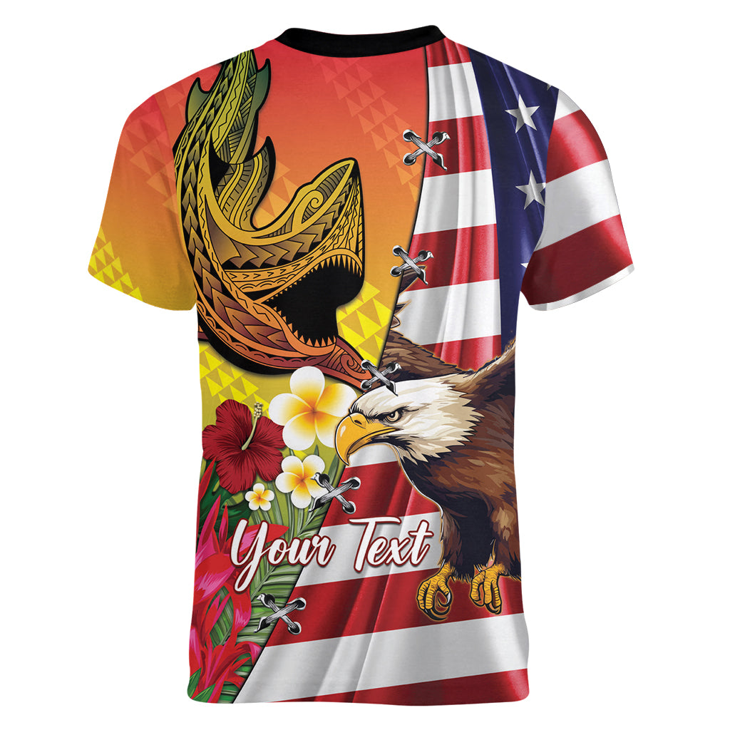Personalised United States And Hawaii Women V Neck T Shirt USA Eagle With Hawaiian Shark Tattoo - Wonder Print Shop