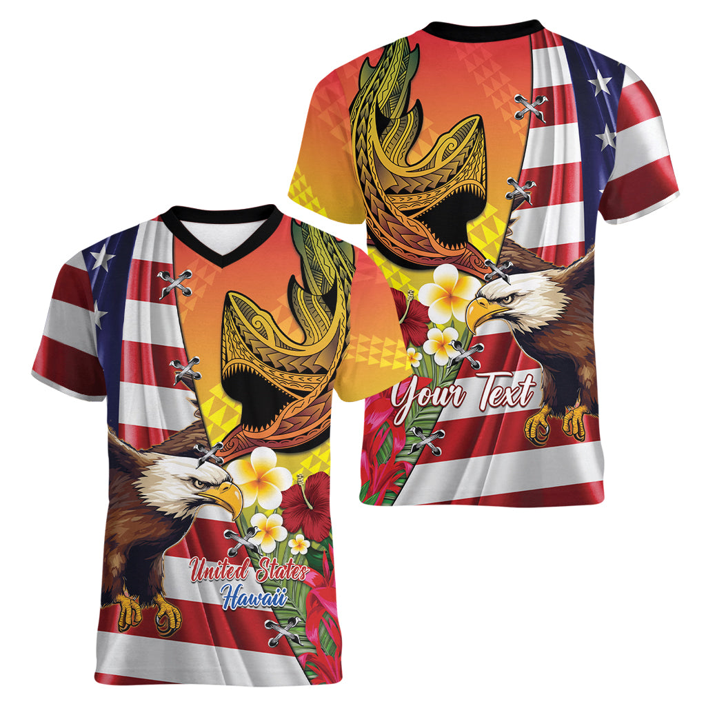 Personalised United States And Hawaii Women V Neck T Shirt USA Eagle With Hawaiian Shark Tattoo - Wonder Print Shop