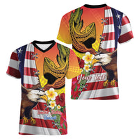 Personalised United States And Hawaii Women V Neck T Shirt USA Eagle With Hawaiian Shark Tattoo - Wonder Print Shop