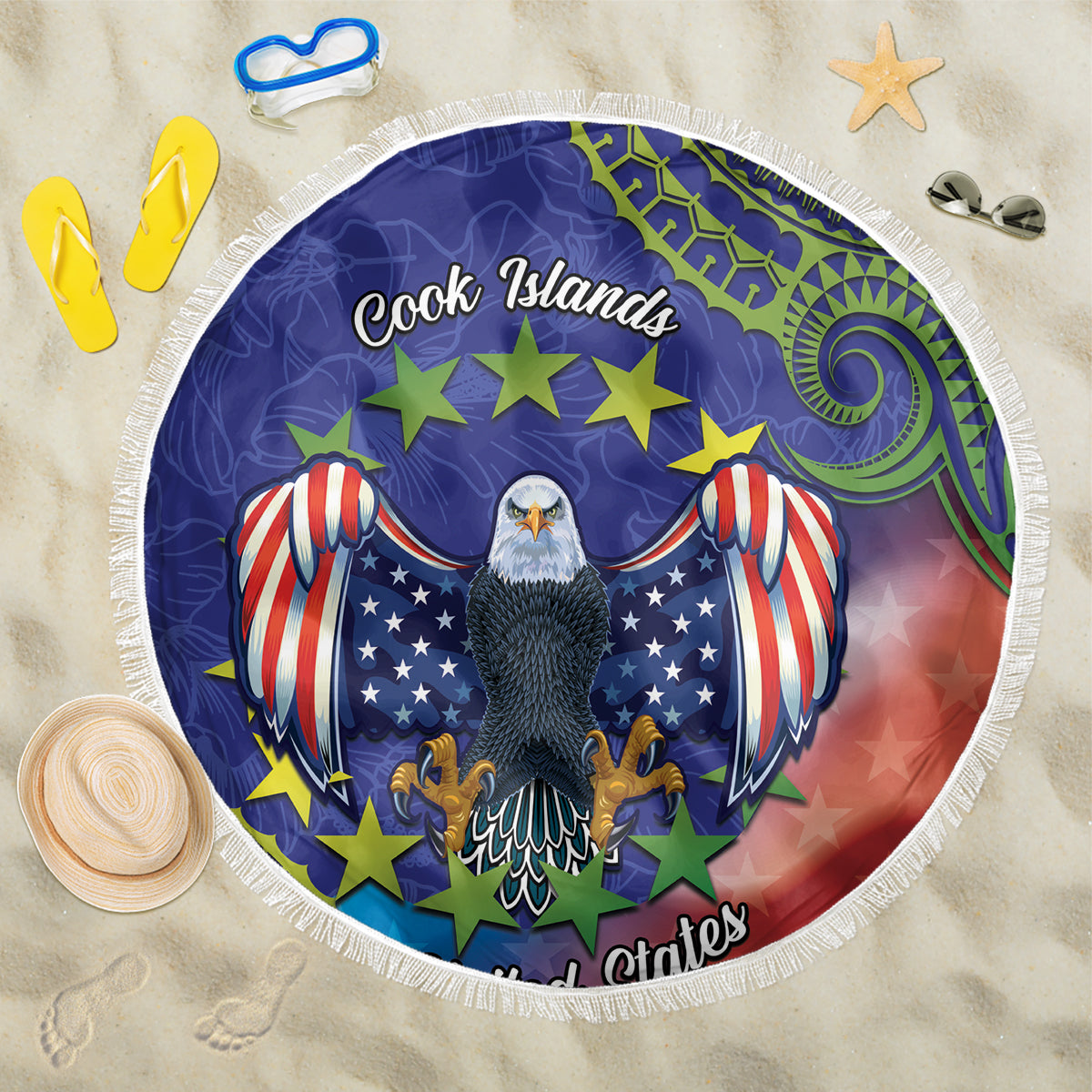 Personalised United States And Cook Islands Beach Blanket USA Eagle Mix Polynesian Pattern